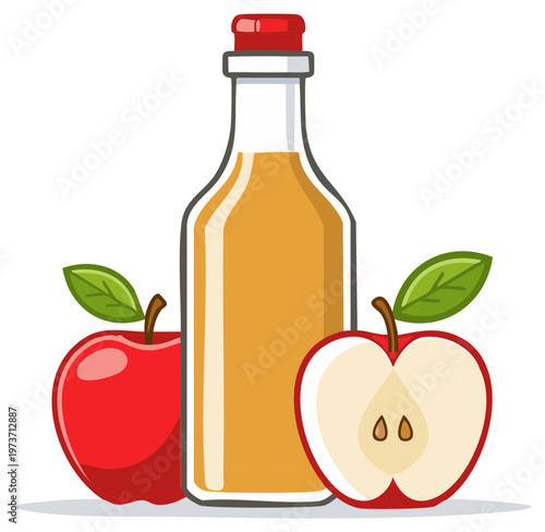 Apple cider vinegar bottle with whole and sliced apples, healthy food illustration