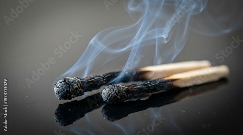 Smoldering Matches: A close-up shot of two extinguished matches, with wisps of smoke curling up from their charred heads, and the dark grey background. 