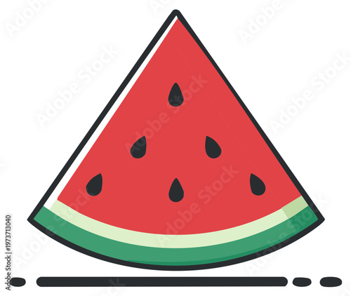 Illustration of a slice of watermelon, red flesh and black seeds