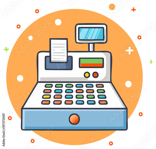 Cartoon illustration of an electronic point of sale system cash register with screen