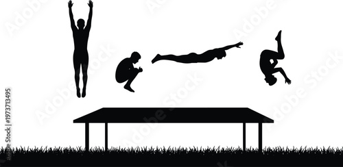 Acrobatic silhouette of a gymnast or athlete performing various trampoline jumps and mid-air maneuvers, showing movement and athletic skill on grass.