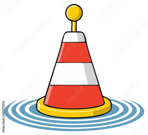 Red and white striped navigational buoy floating in blue water cartoon illustration