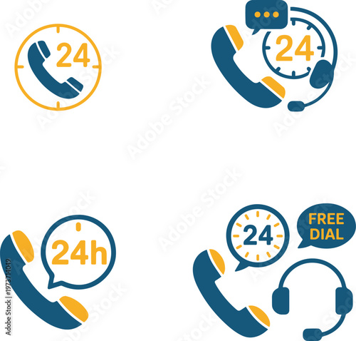 Customer support icons set with 24h phone service, call center headset, and helpline symbols