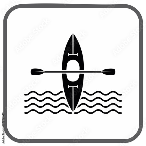 Simple Kayak on the Water Graphic, Paddles, Icon of Kayaking Sport in Black and White, Boat on Waves