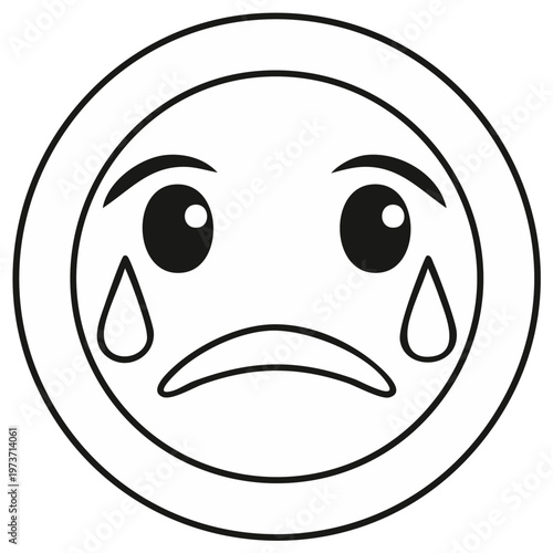 Sad crying emoji face with tears line art illustration cartoon icon
