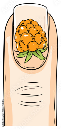 Illustrative finger with cloudberry nail art design. Vibrant orange berries and green leaves on fingernail.