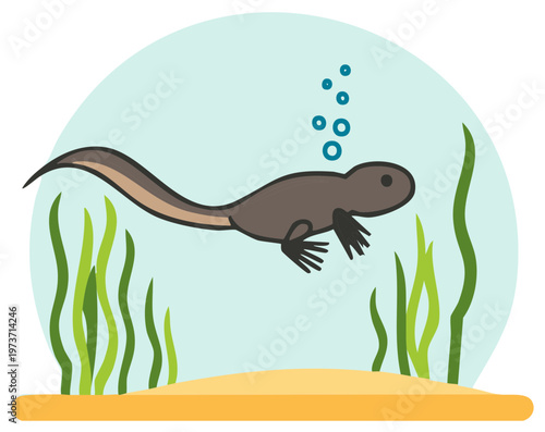 Adorable cartoon tadpole with developing legs swimming underwater near green aquatic plants and rising bubbles