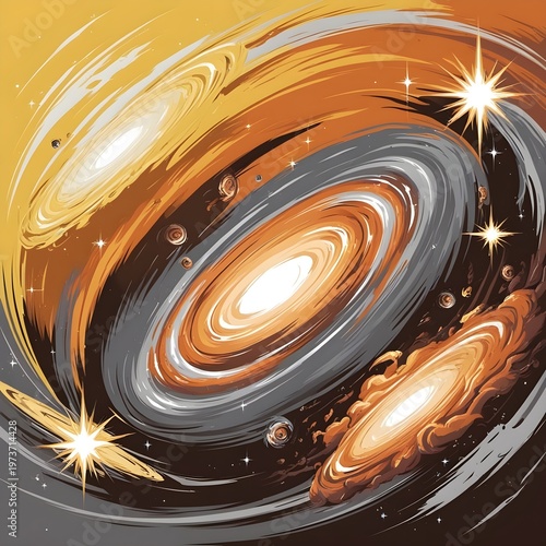 Vibrant Galaxy Scene with Yellow Orange Grey Brown Nebula and Radiant Star Clusters