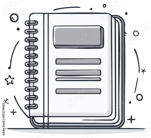 Hand Drawn Spiral Notebook with Doodle Elements and Lines