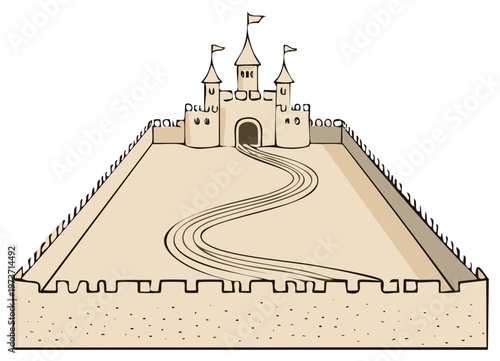 Detailed sandcastle illustration with flags and turrets winding path to a grand entrance