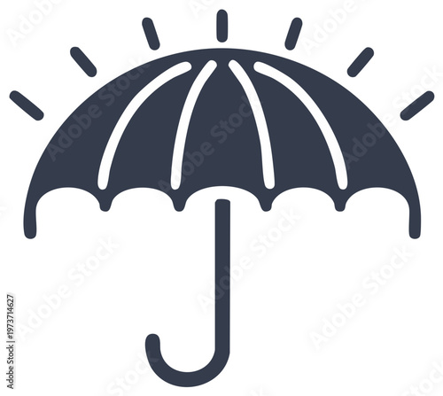 Stylized dark umbrella icon with radiating sun rays representing summer protection and safety