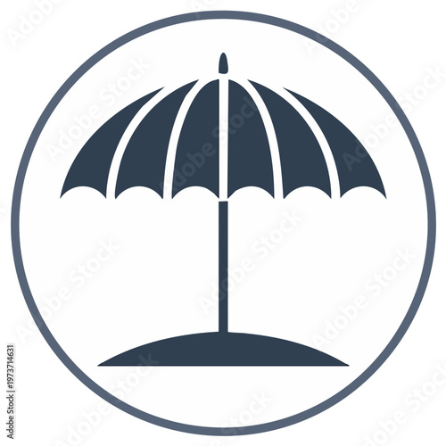 Simple dark blue umbrella icon inside a circular frame representing shade or protection
