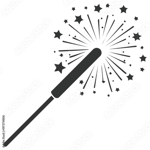 A simple black icon of a burning sparkler with stars and sparks for a festive holiday celebration