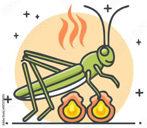 Illustration of a cartoon grasshopper with heat waves and flames beneath it