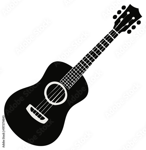 Monochrome image of acoustic guitar music instrument for music production or music related designs.