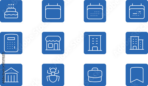 Set of 12 blue business and lifestyle icons with cake and calendar.