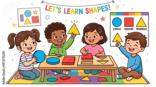 children learning shapes in classroom.