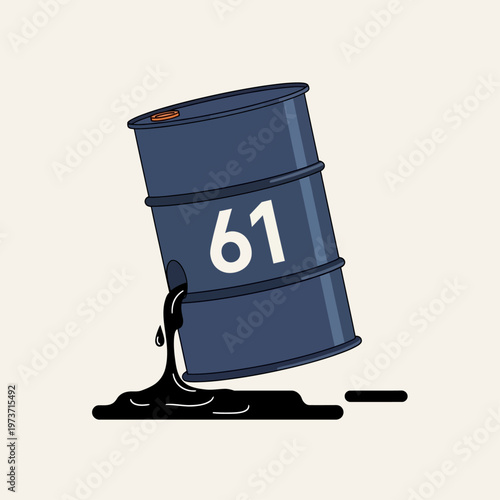 a dark blue oil barrel marked 61 is spilling crude oil depicting pollution and environmental disaster highlighting fossil fuel issues.