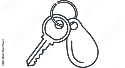 a simple line art illustration of a metal key with a blank key tag attached to a round keychain representing security and access concepts.