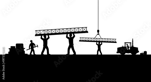 construction workers and heavy machinery building a structure symbolizing hard work industry and teamwork.