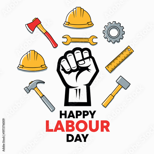Happy labour day with fist and tools with clenched fist hard hat safety helmet