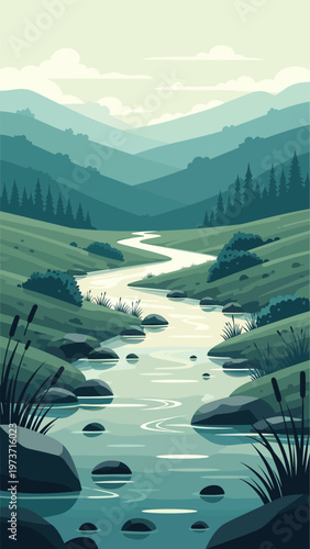A winding river flows through a lush green valley towards distant hazy mountains