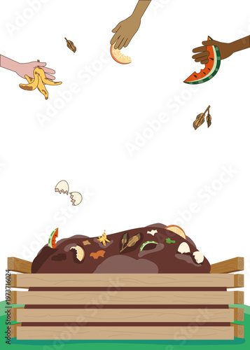 Diverse hands with different skin tones composting kitchen waste