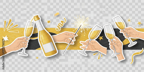 Champagne Celebration Banner with Hands Holding Glasses, Sparkler, and Golden Glitter Elements for New Year Party, Anniversary Event, and Festive Design