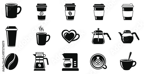 Coffee collection diverse black and white icons of coffee vessels