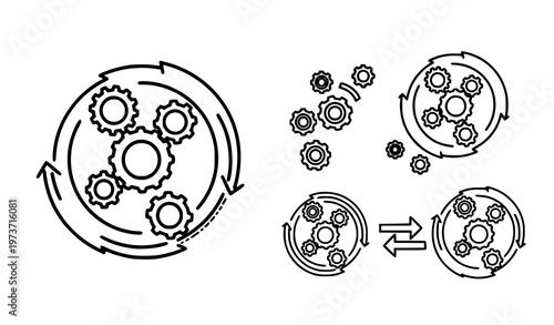 Planetary gearbox icon set vector with epicyclic gear mechanism symbols for engineering and UI design