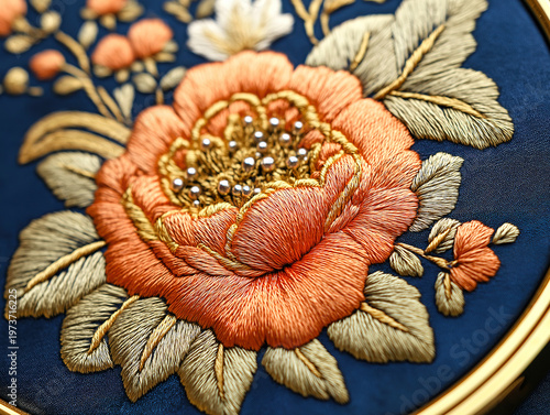 Hand-Stitched Floral Motif in a Golden Embroidery Hoop