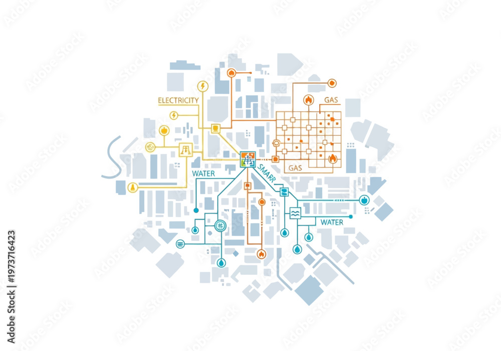 Fototapeta premium Abstract City Network with Utility Connections and Infrastructure Icons