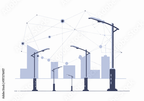 Smart city technology and urban development with futuristic street lighting systems connecting a modern metropolis in a network