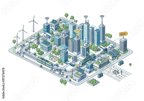 Futuristic smart city illustration showcasing advanced technology, renewable energy, and sustainable urban development with futuristic transportation and green buildings