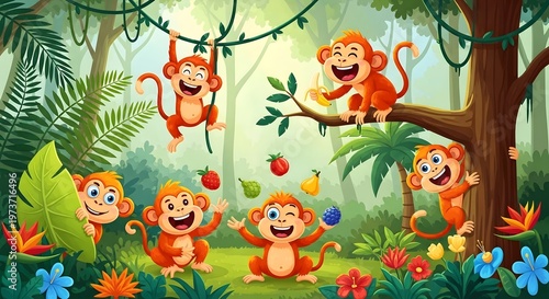 Playful Monkeys Swinging and Eating Fruit in a Lush Jungle Paradise
