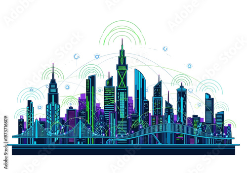 Abstract futuristic cityscape illustration with glowing skyscrapers and interconnected digital network lines creating a vibrant, modern urban panorama