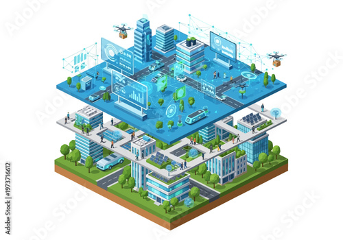 Illustrative 3D isometric view of a smart city with interconnected technology, showcasing futuristic urban development and digital infrastructure for efficient city management and sustainable living