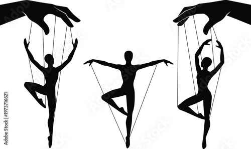 Silhouettes of Human Figures as Marionettes, Dancers Controlled by Strings from Above, Symbolizing Power Dynamics and Lack of Autonomy, Flat Vector Illustration