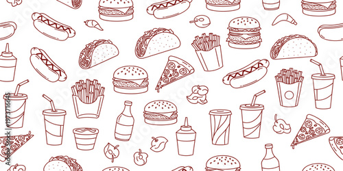 Fast Food Seamless Pattern with Burgers, Pizza, Hot Dogs, Fries, and Drinks in Line Art Style for Wrapping Paper, Packaging, and Textile Design