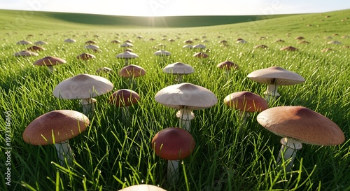 A Field of Mushrooms Bathed in Sunlight, a Mystical and Enchanting Natural Landscape