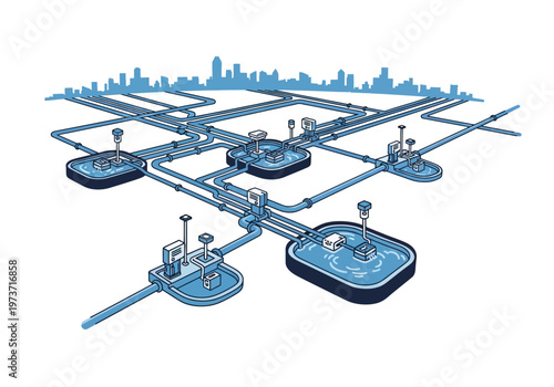Urban Water Infrastructure System Depicting a Complex Network of Pipelines, Reservoirs, and Cityscape