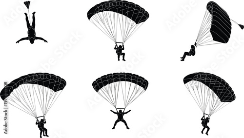Silhouettes of skydivers and paratroopers in various freefall and canopy descent positions, isolated on white background.