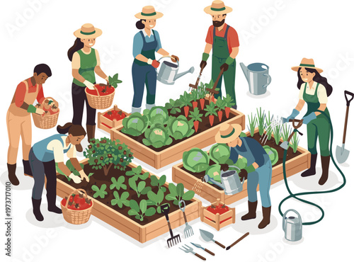 Generated on People in garden. Agricultural workers doing farming job harvesting with garden tools. Collecting fruits, watering vegetables vector art on white background