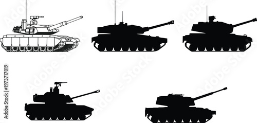 Tank silhouettes illustration, military vehicle profiles, armored combat design, war machine artwork, defense equipment concept, weaponry outline comparison, army machinery art