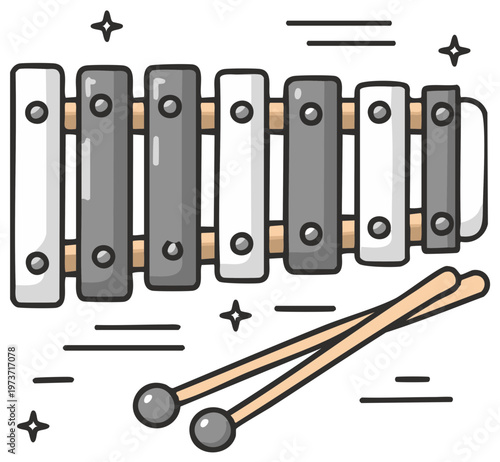 Cartoon xylophone with mallets, musical instrument illustration.