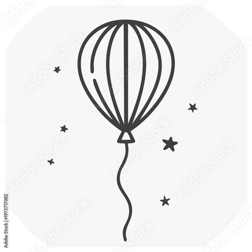 Outline of a single balloon with a long string and small scattered stars against a light gray background.
