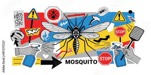 Mosquito Control Concept Illustration with Warning Signs, Spray Bottles, and Insect Icons for Pest Prevention, Health Protection, and Anti Mosquito Awareness Design