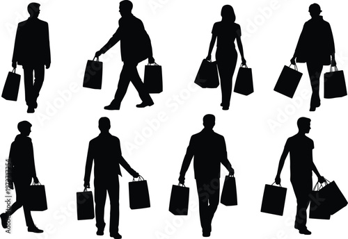 Shopping silhouettes illustration, people walking with bags, retail consumer activity, commerce lifestyle artwork, abstract design, minimal black figures, market concept, stylish shoppers