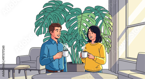 Colleagues Chatting Over Coffee Near Monstera Plant