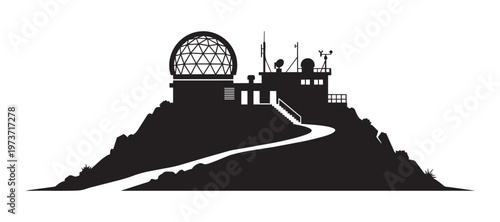 Observatory on mountain peak vector illustration, building with dome and antennas on hill.